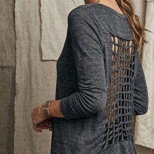 Woven Lattice Back Cutout Chaser Dark Gray Thermal Long Sleeve Tunic L Large